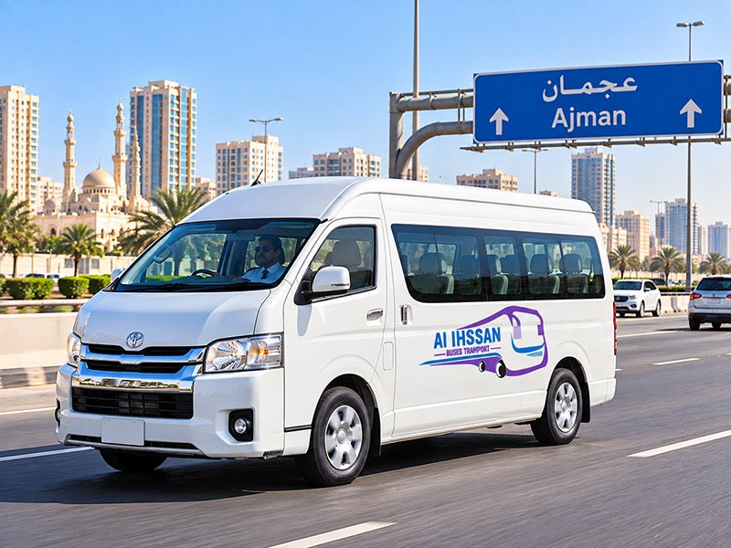 10 seater bus rental on an Ajman road