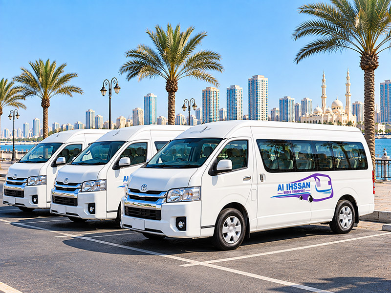 Fleet of 10 seater Hiace vans on the Sharjah corniche