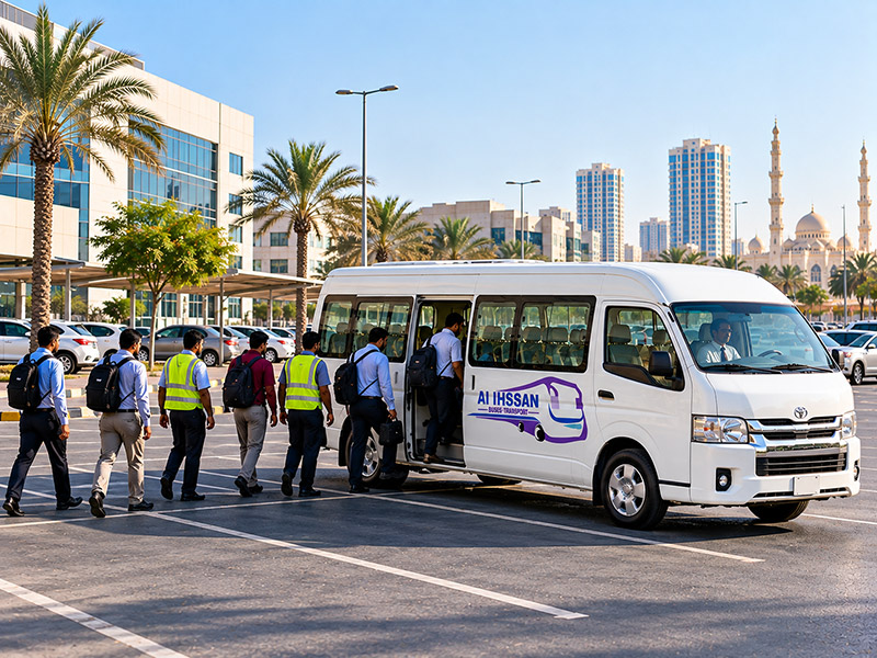 Staff boarding a 12 seater van in Sharjah