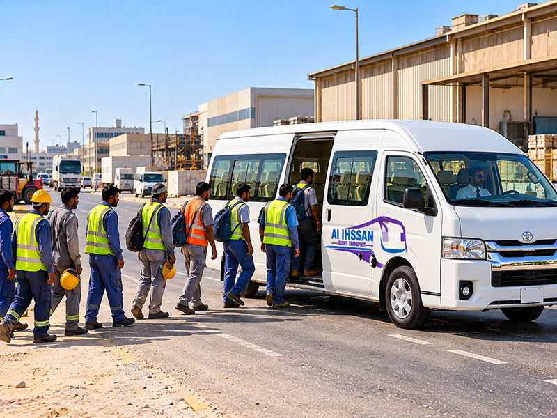 Workers boarding a 12 seater staff van in Sharjah