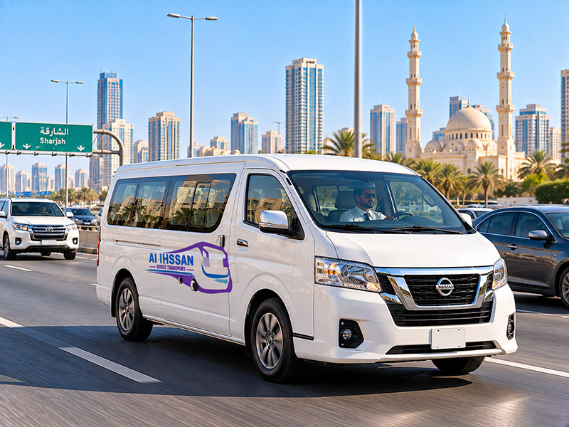 14 seater luxury van on a Sharjah road