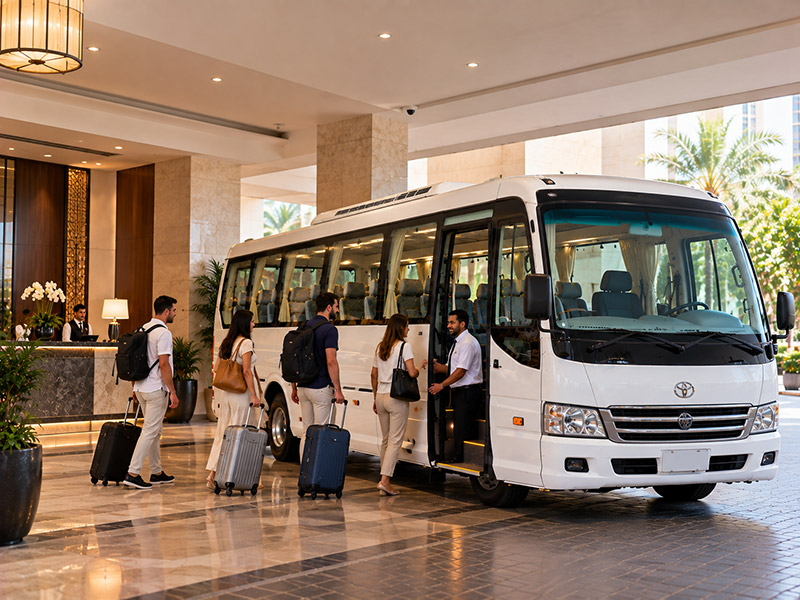 34 seater bus collecting passengers at a hotel entrance