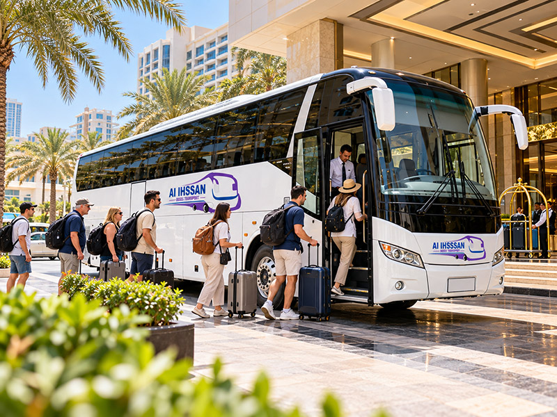 Tourists boarding an 84 seater luxury bus