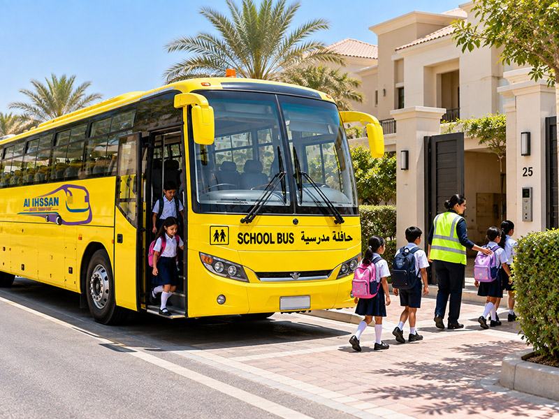 Children boarding an 84 seater school bus