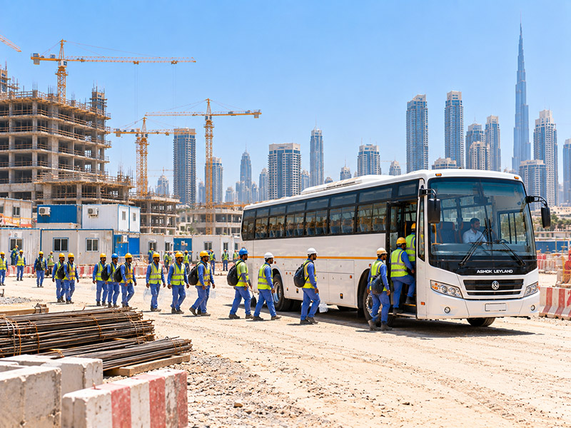 Workforce boarding an Ashok Leyland 71 seater bus