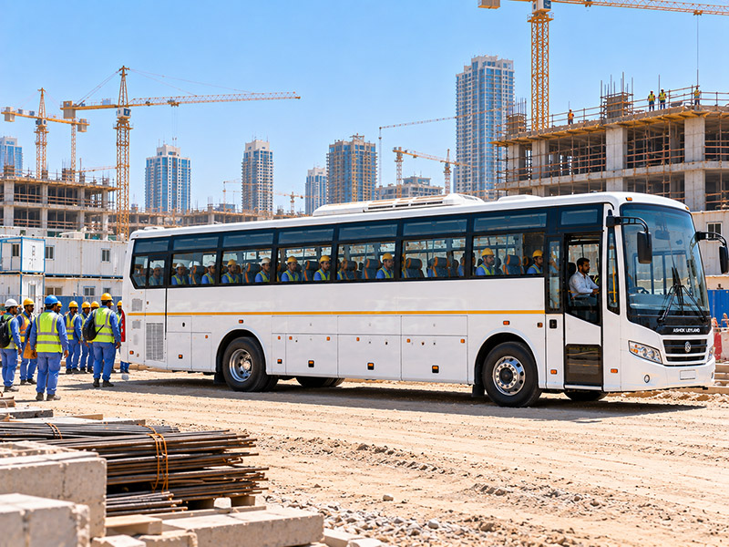 Ashok Leyland 71 seater staff bus at a construction site