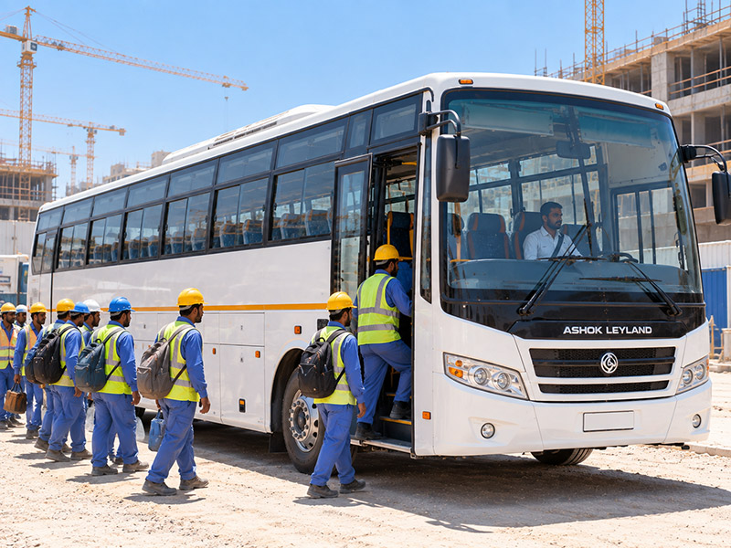 Ashok Leyland 71 seater staff bus with workers boarding