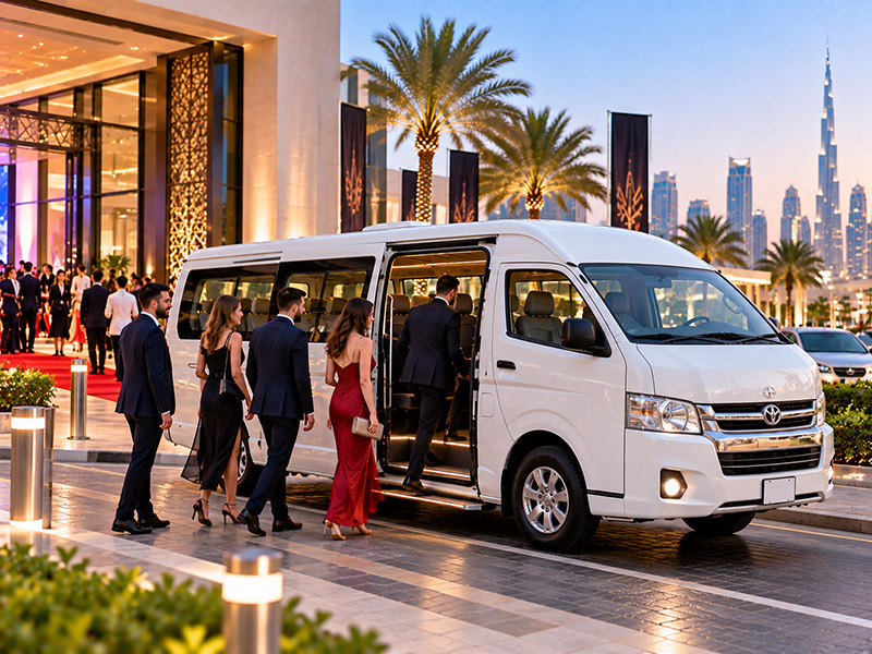 Guests arriving by van for an event in Dubai