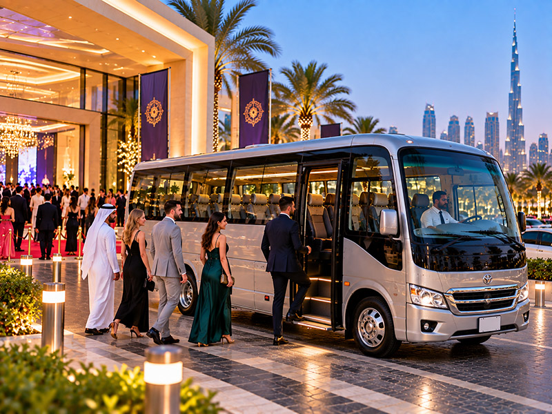 Guests boarding an event bus in Dubai