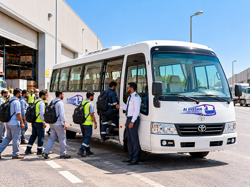 Staff boarding a Toyota Coaster 23 seater minibus