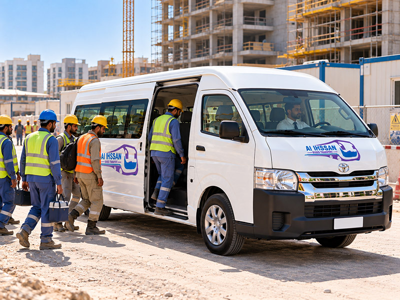 Workers boarding a Toyota Hiace 13 seater van